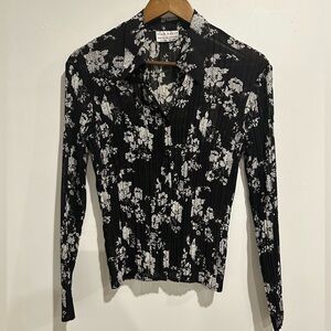 FRED DAVID‎ Vintage Floral Black Sheer Y2K Pleated Blouse Size S